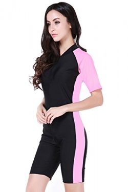 Women’s One-piece Surf Swim Wet Suit Short Sleeve Rashguard, Color Black Pink, Size Asian  ...